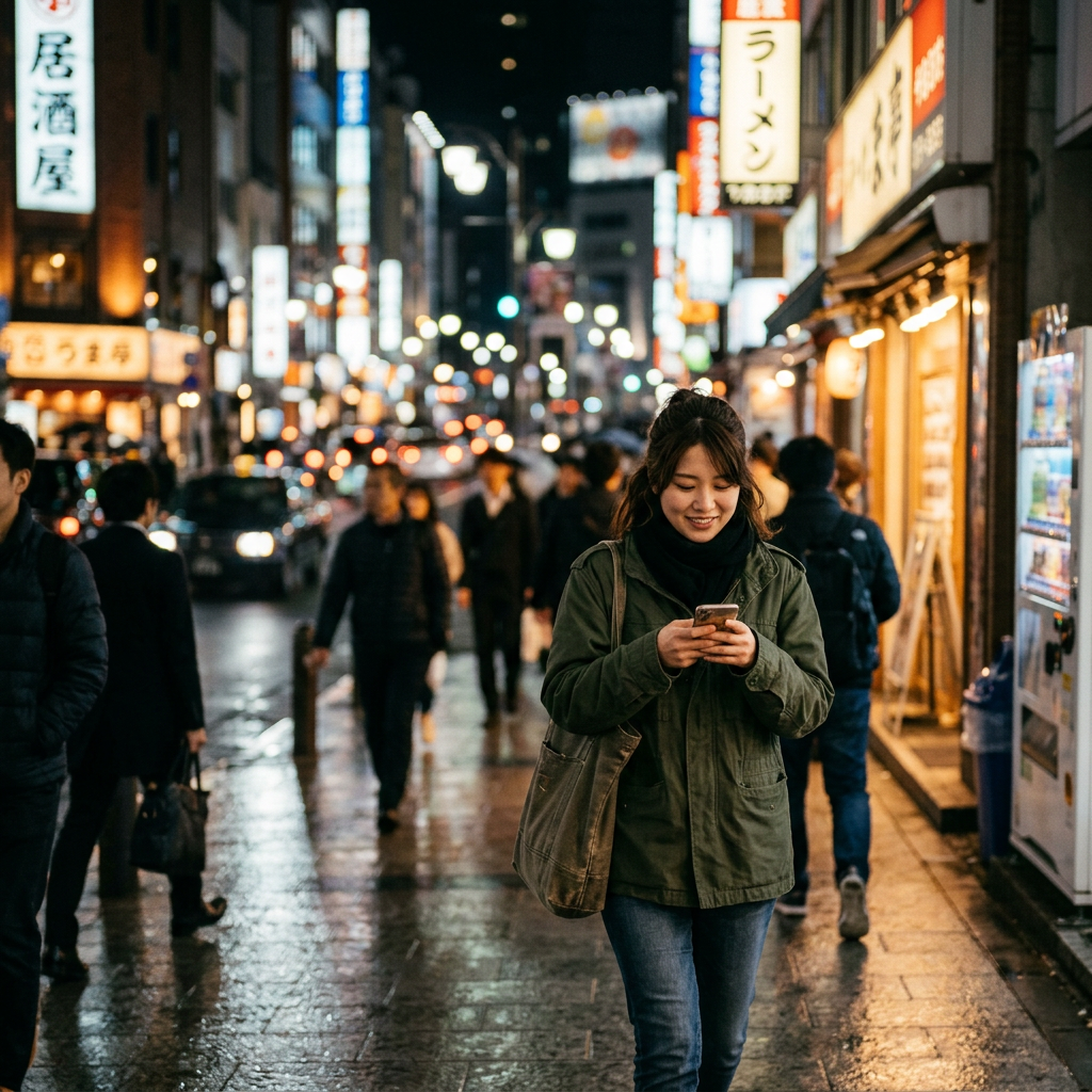 A street photograph with shallow depth of field as if shot a