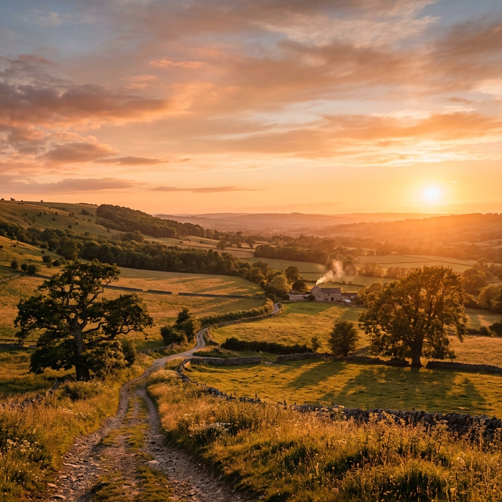 A landscape photograph bathed in golden hour light — long wa