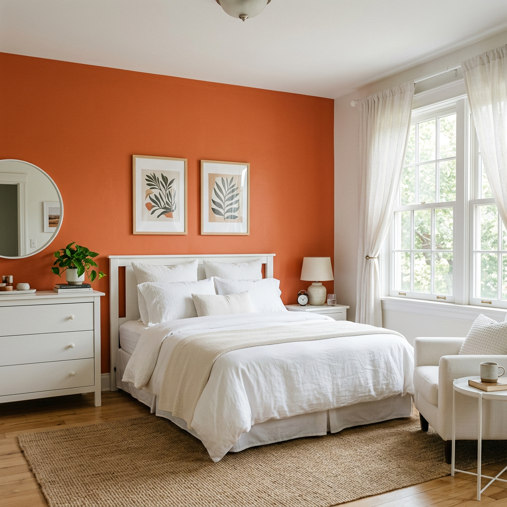 A bedroom wall painted in #FF6B35 (burnt orange) with white 