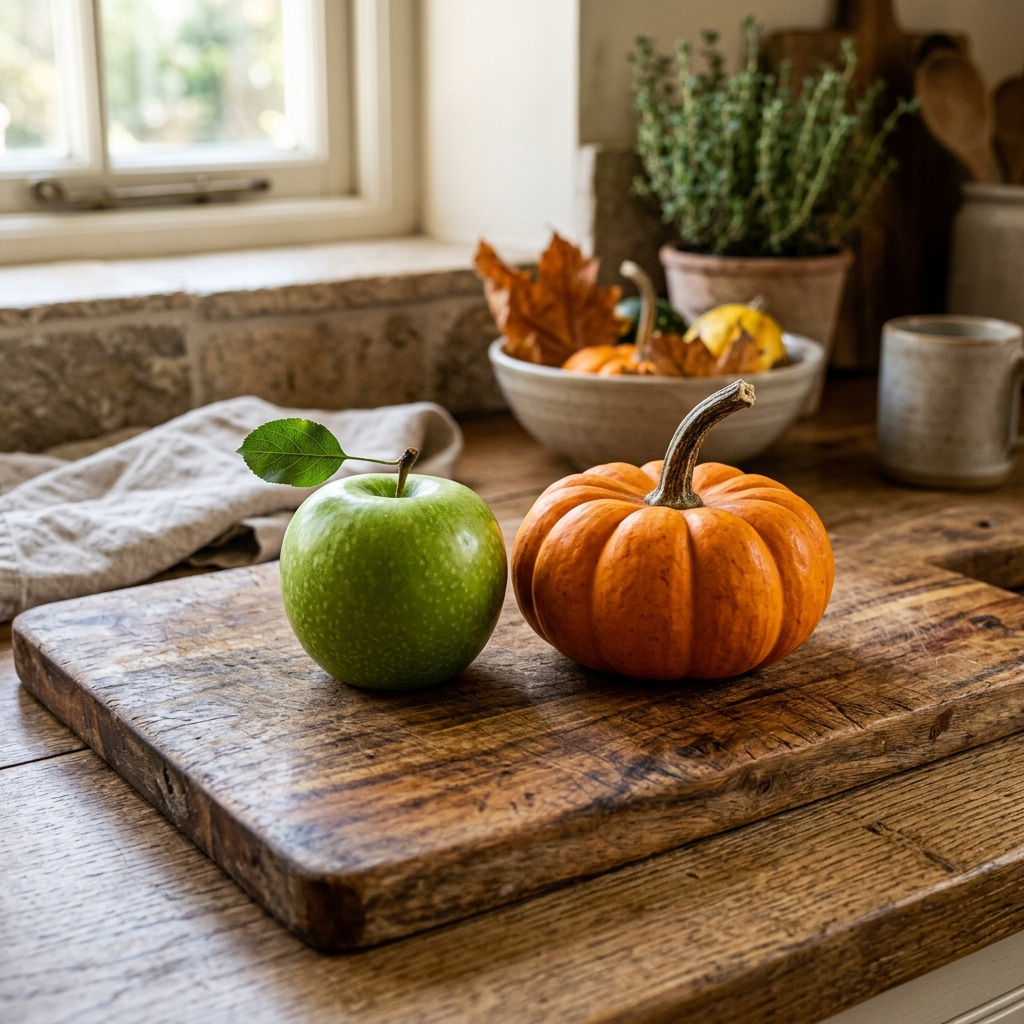 A green apple and an orange pumpkin on a wooden cutting boar
