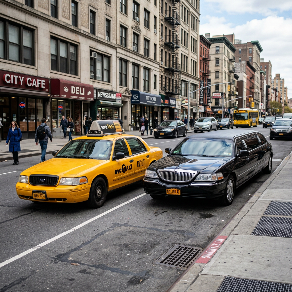 A yellow taxi and a black limousine parked next to each othe