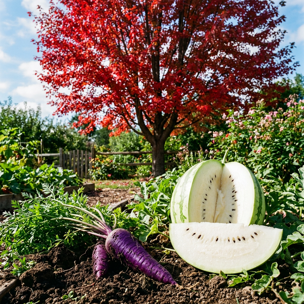 A purple carrot, a red tree with red leaves, and a white wat