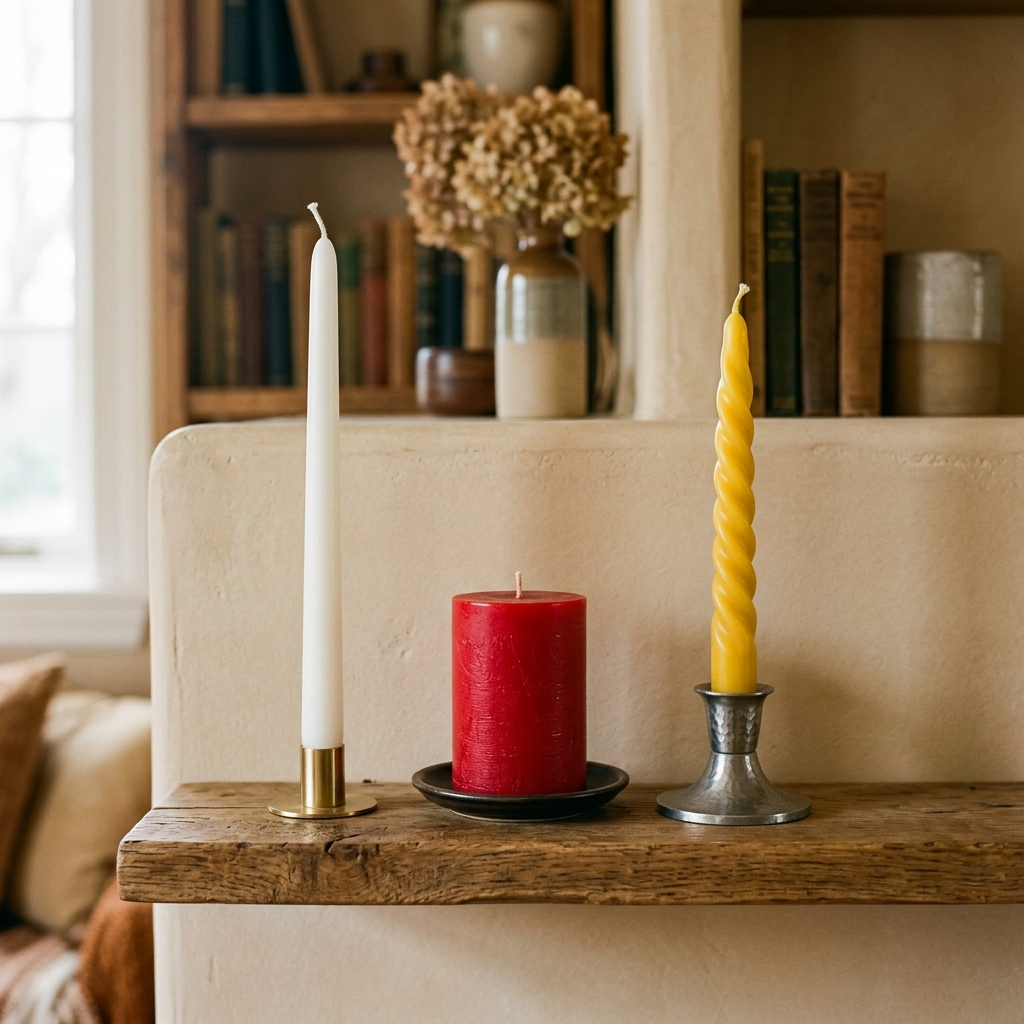 A tall thin white candle, a short fat red candle, and a medi
