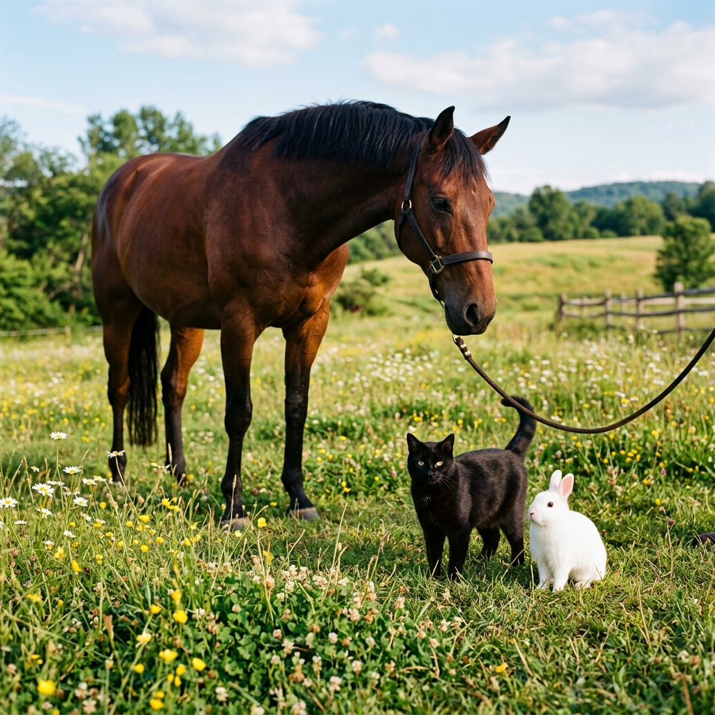 A big brown horse, a small white rabbit, and a medium-sized 