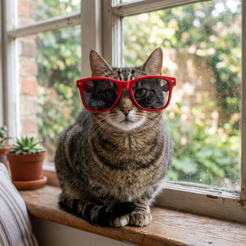 A tabby cat wearing oversized red sunglasses