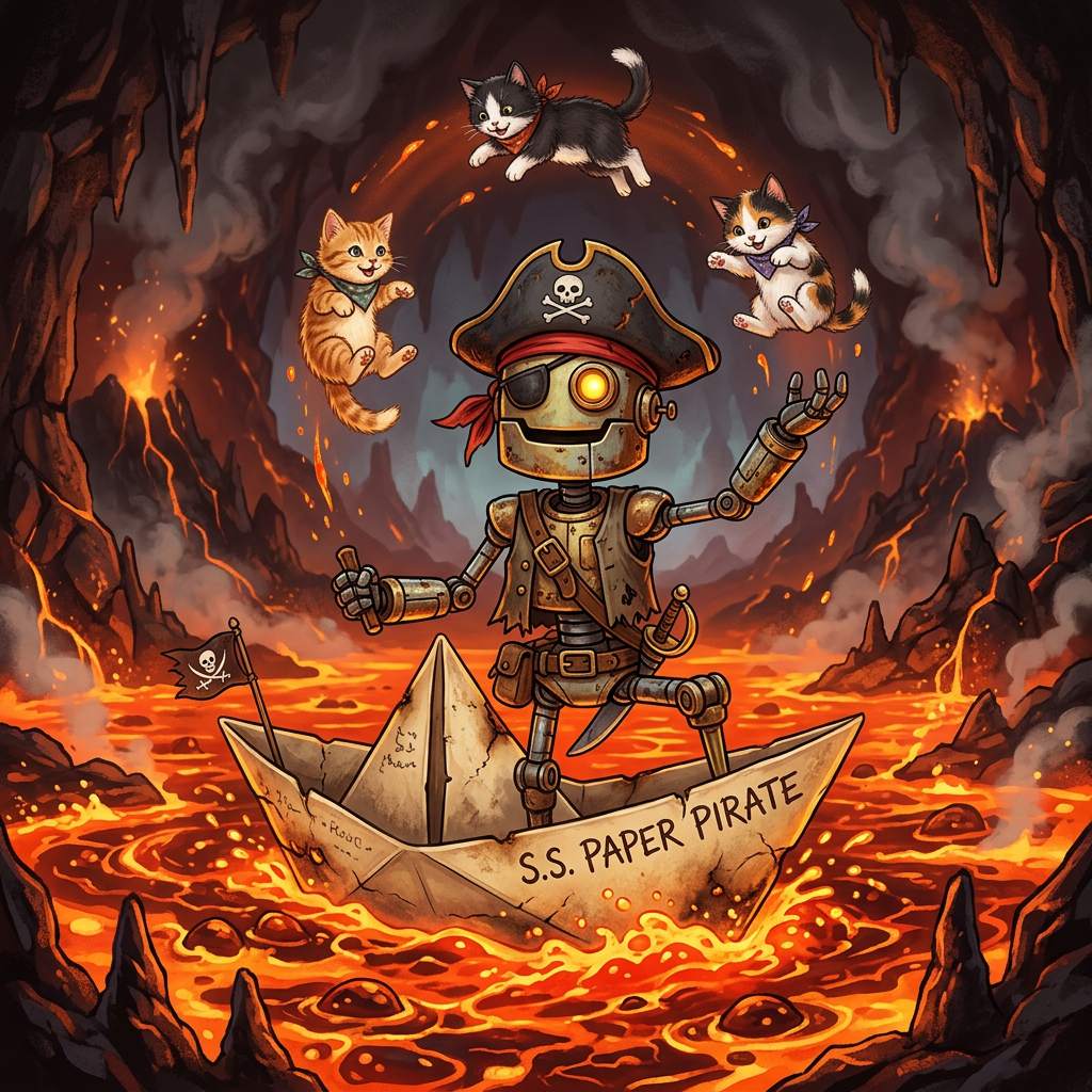 A robot dressed as a pirate sailing a paper boat on a lake o