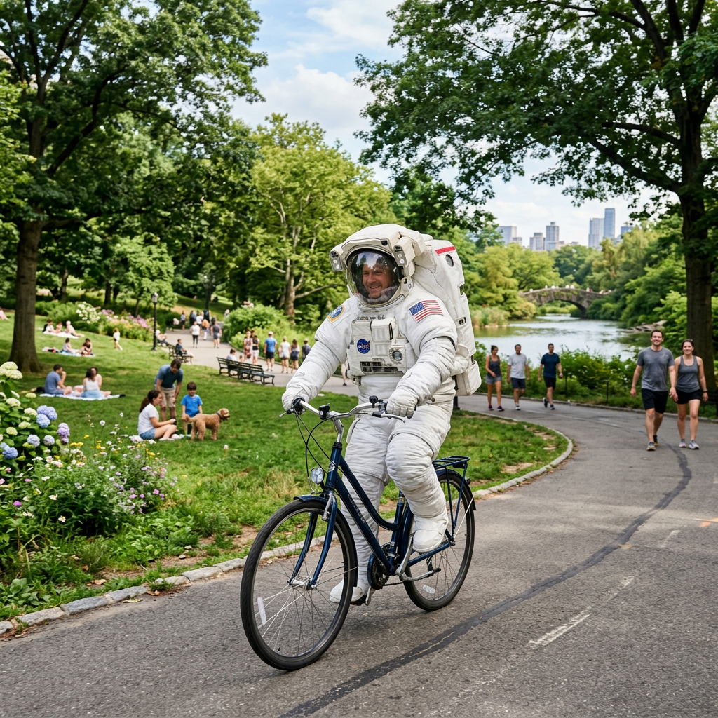 An astronaut in a spacesuit riding a bicycle through a park