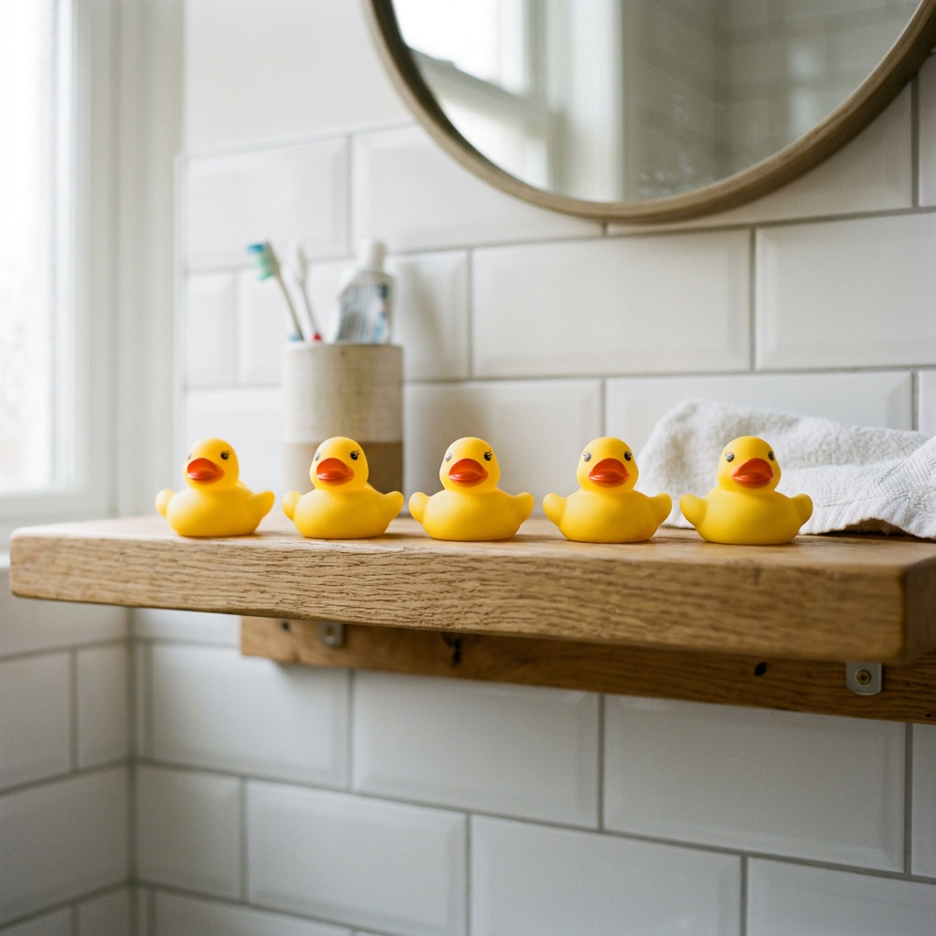 Exactly 5 yellow rubber ducks sitting in a row on a bathroom