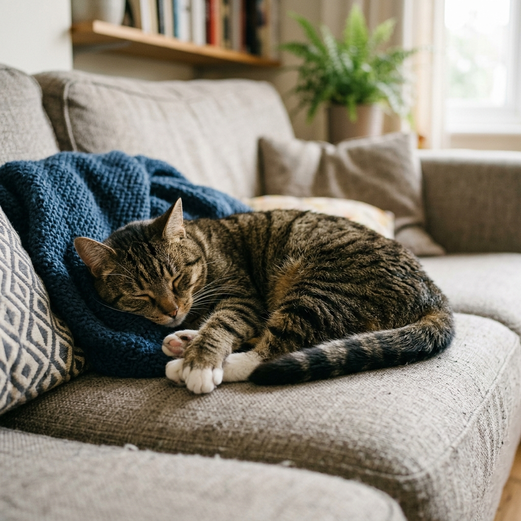 A cat lying on a couch without a collar