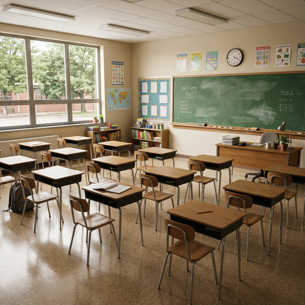 A classroom with desks and a chalkboard but no students