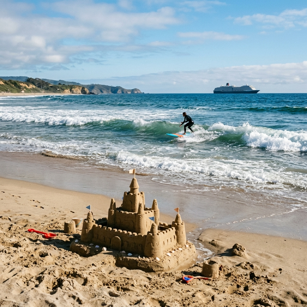 A beach scene with a sandcastle in the foreground, a surfer 