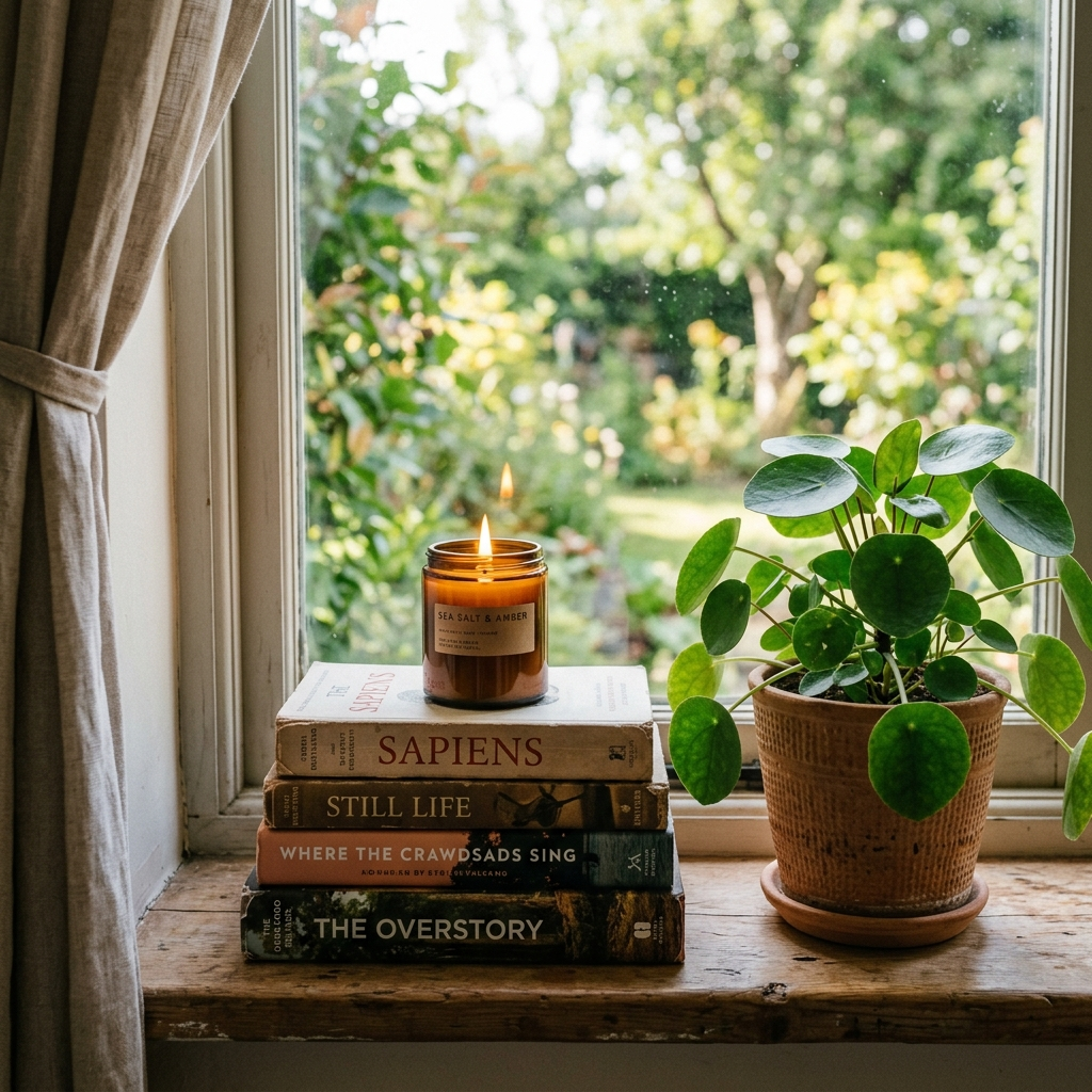 A candle on top of a stack of books, the books next to a pot