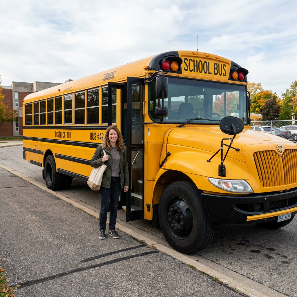 A person standing next to a yellow school bus, showing reali