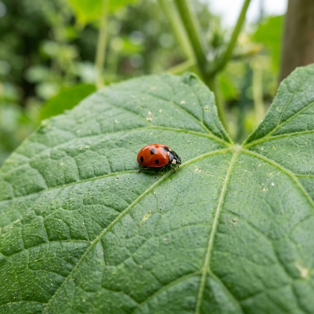 A ladybug sitting on a large green leaf, shown at realistic 