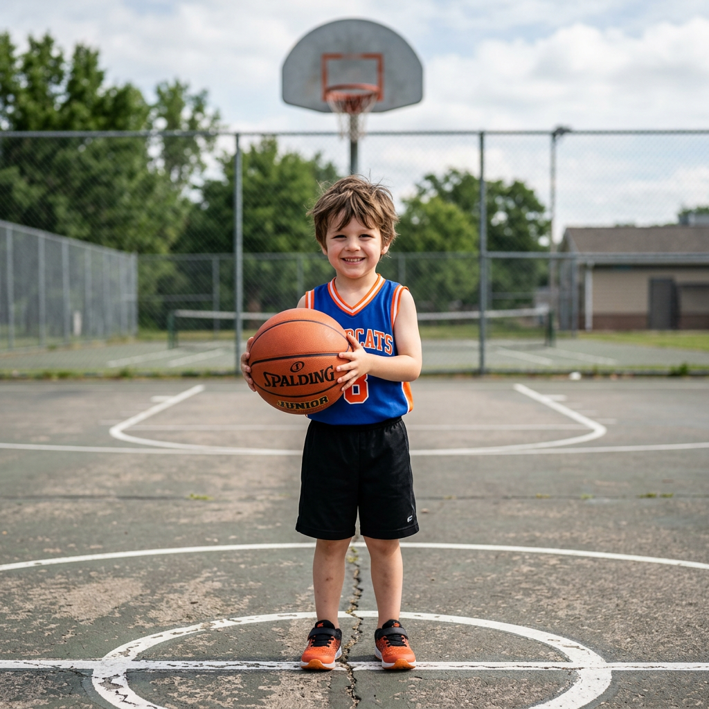 A child holding a basketball, both at correct relative sizes