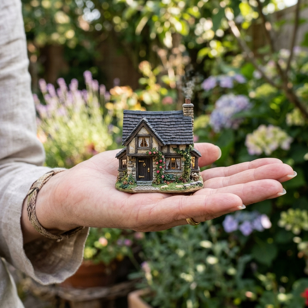 A miniature house sitting on the palm of someone's hand