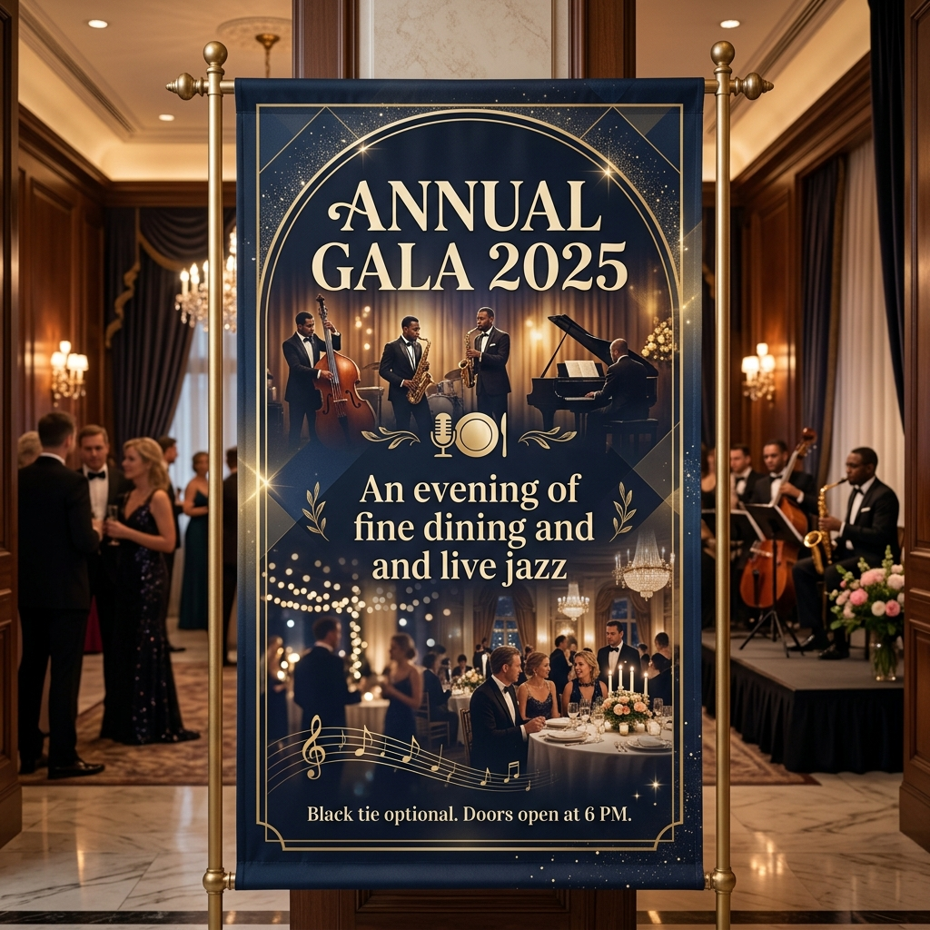An event banner with headline 'ANNUAL GALA 2025' at the top 