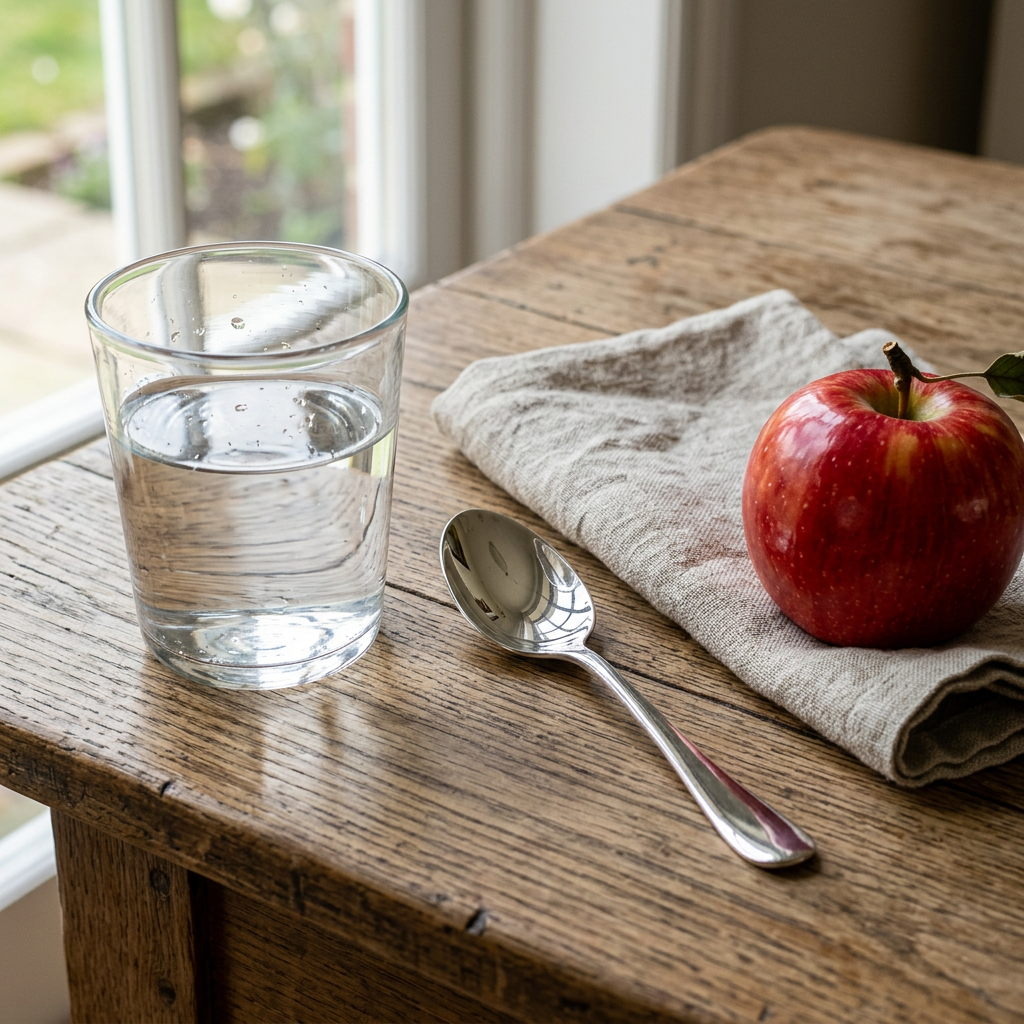 A still life on a wooden table featuring a clear glass of wa