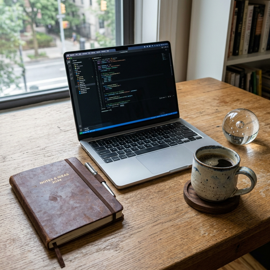 A workspace desk with a brushed aluminum laptop, a leather-b