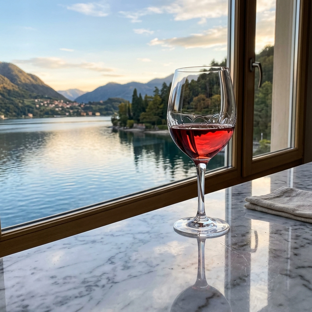 A crystal wine glass on a polished marble counter next to a 
