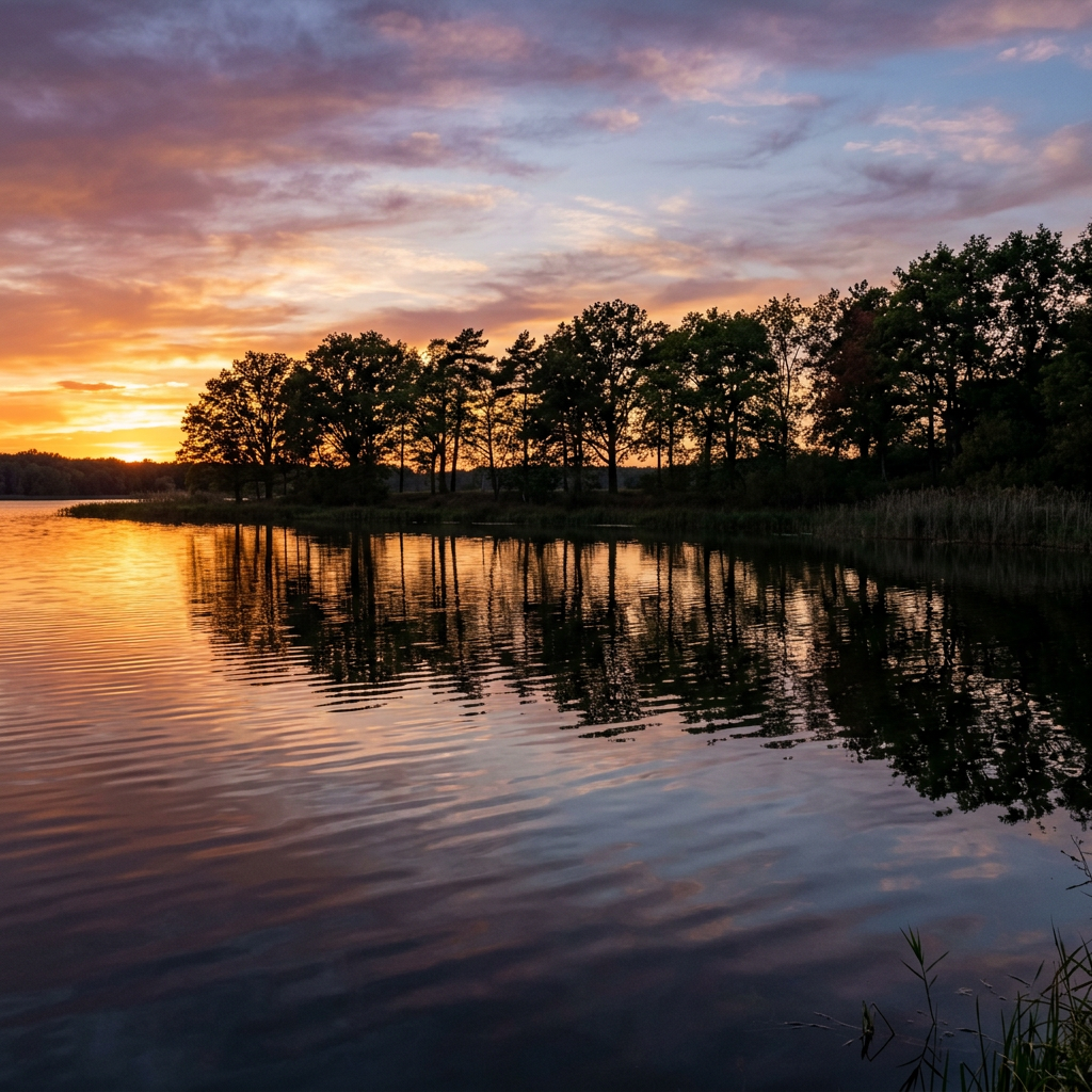 A row of trees reflected in a calm lake at sunset, with the 