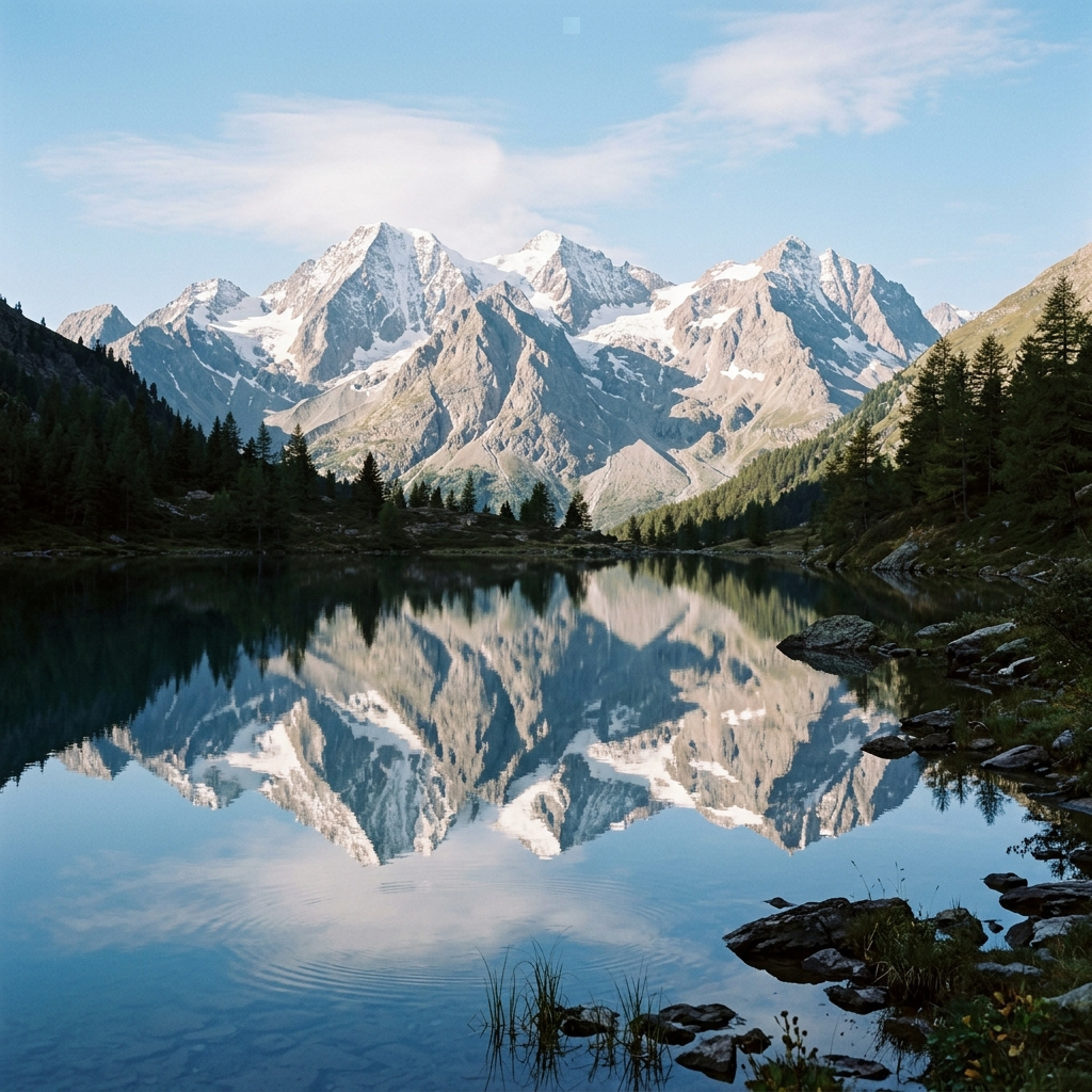 A mountain range reflected in a still alpine lake, with the 