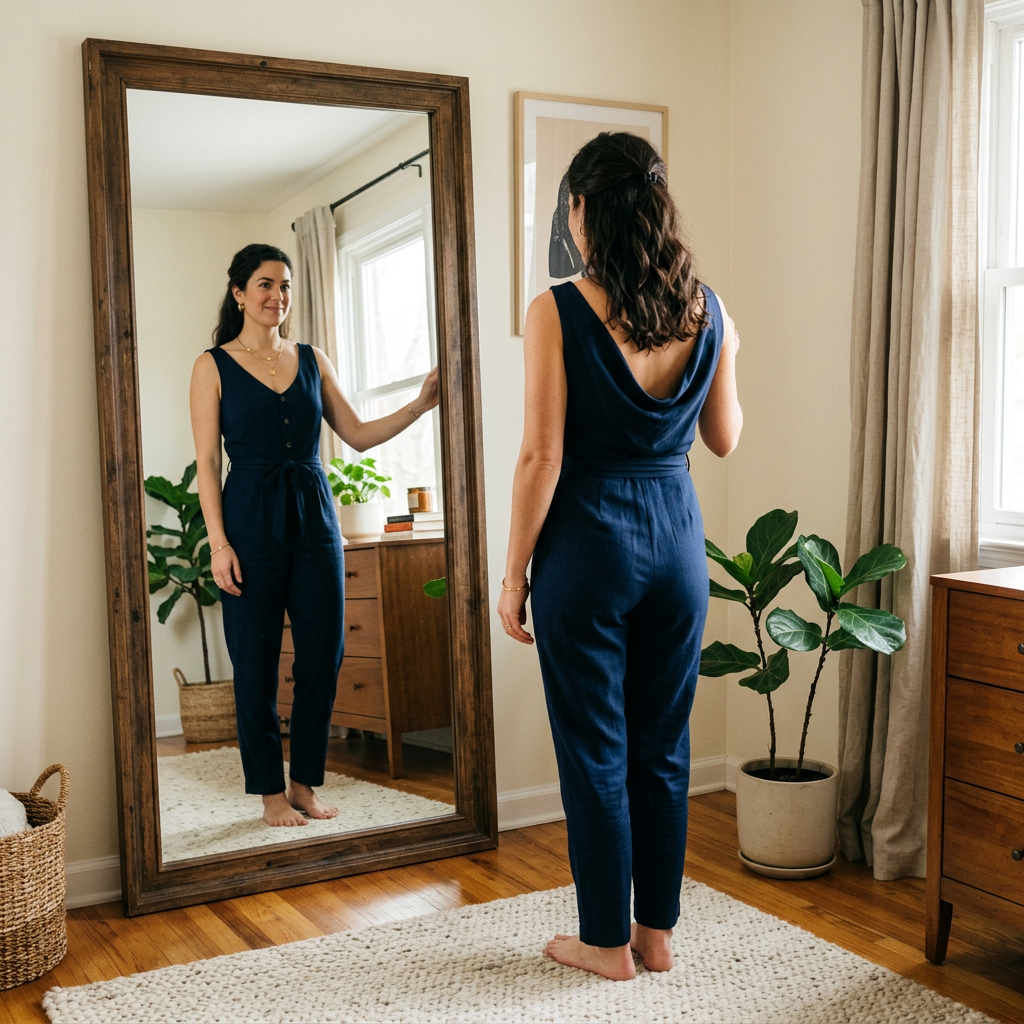 A woman standing in front of a full-length mirror, her refle