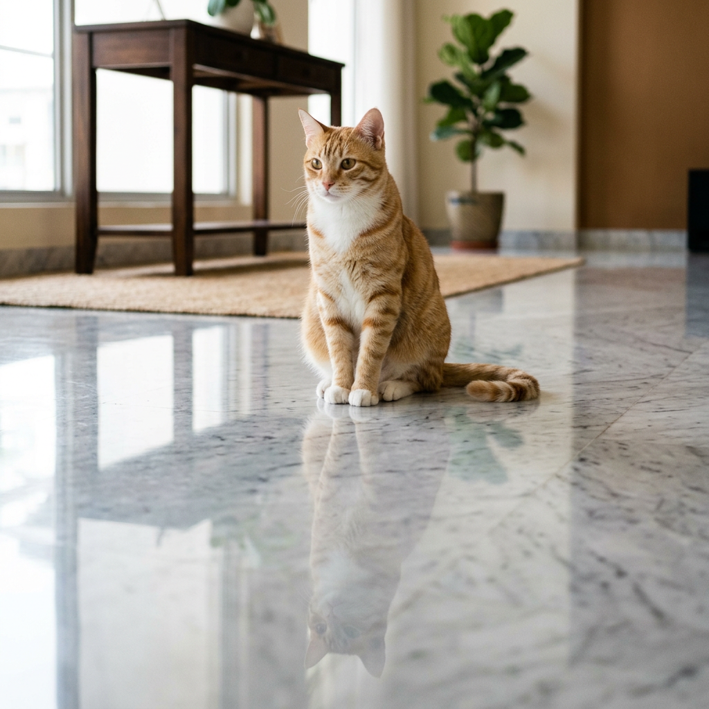 A cat sitting on a polished marble floor with its reflection