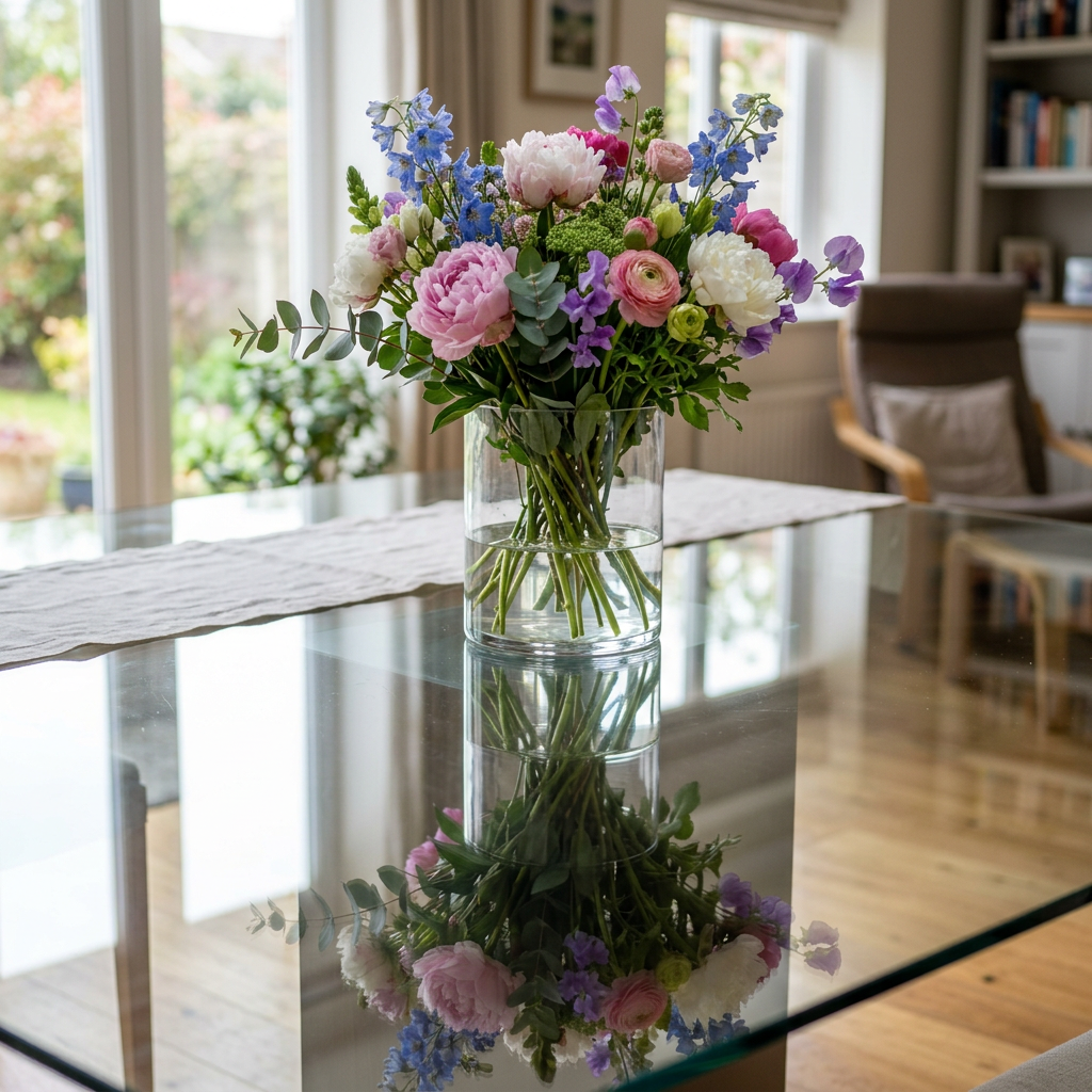 A vase of flowers on a glass table with a clear reflection v