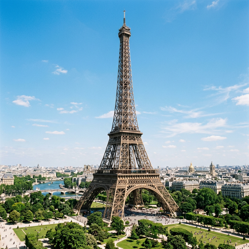 The Eiffel Tower in Paris on a clear day, architecturally ac