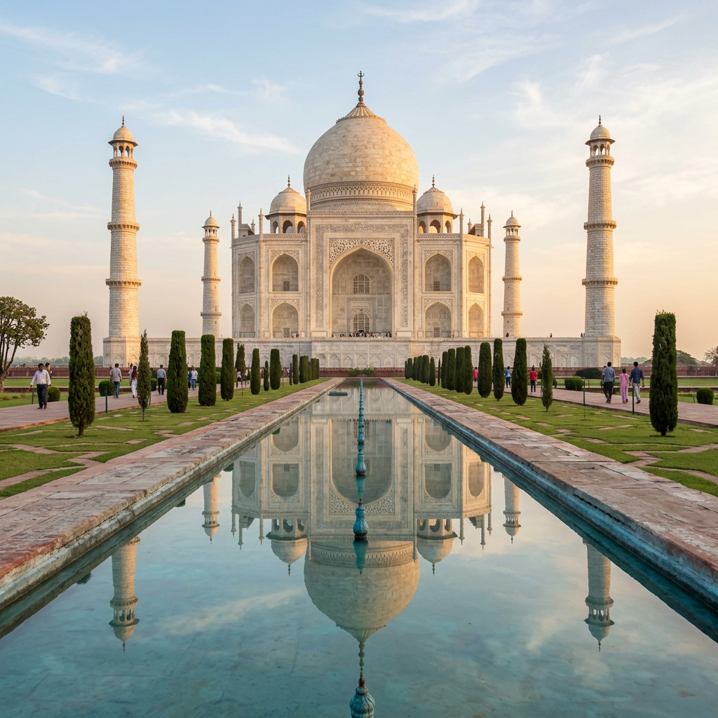 The Taj Mahal in Agra seen from the reflecting pool, with ac