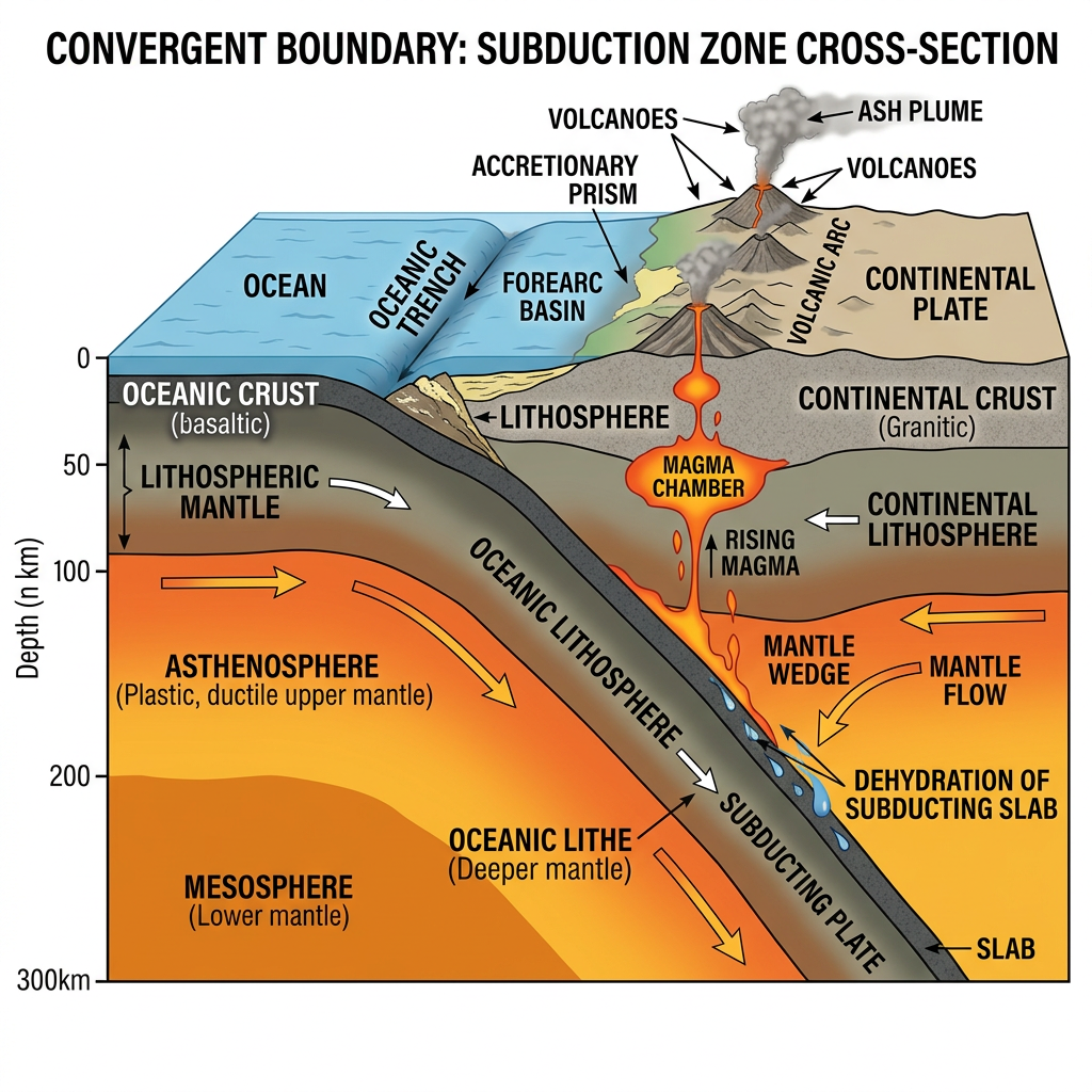 A cross-section showing tectonic plates at a convergent boun