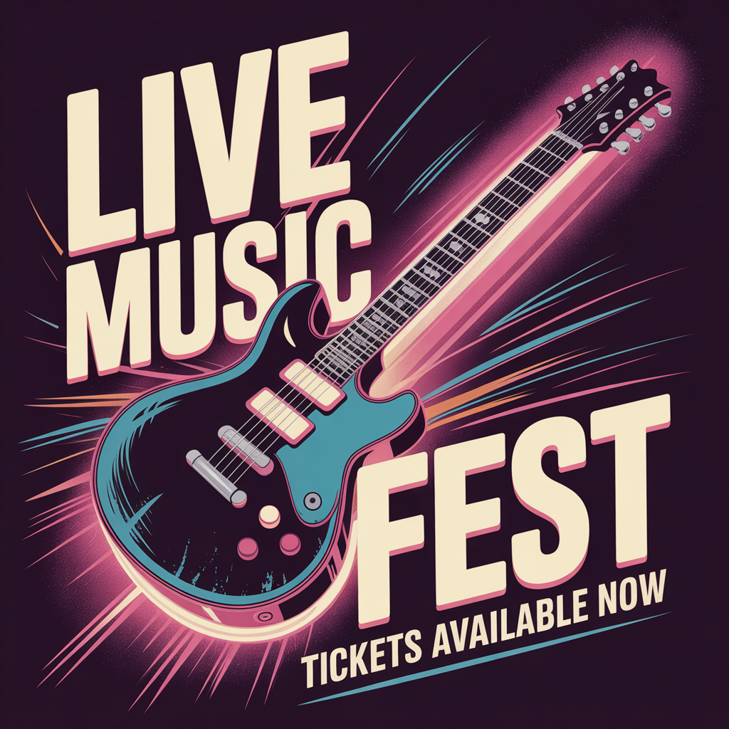 An event poster featuring a guitar illustration, the headlin