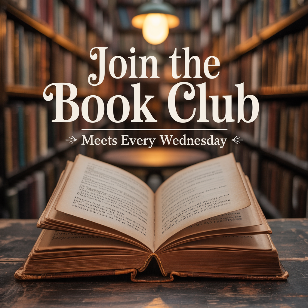A book club poster with an open book illustration, the title