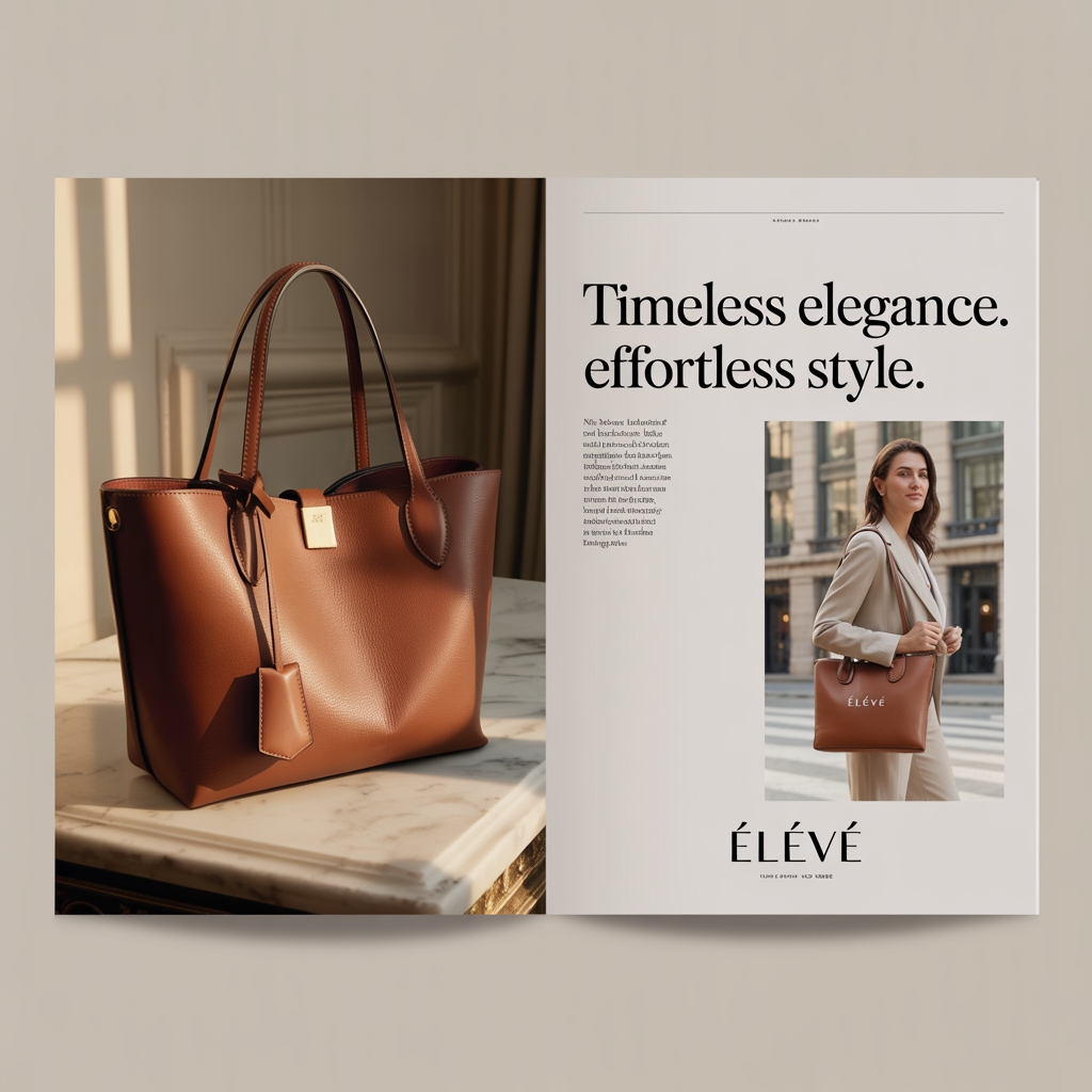 A fashion magazine spread with a full-bleed left-page photo,