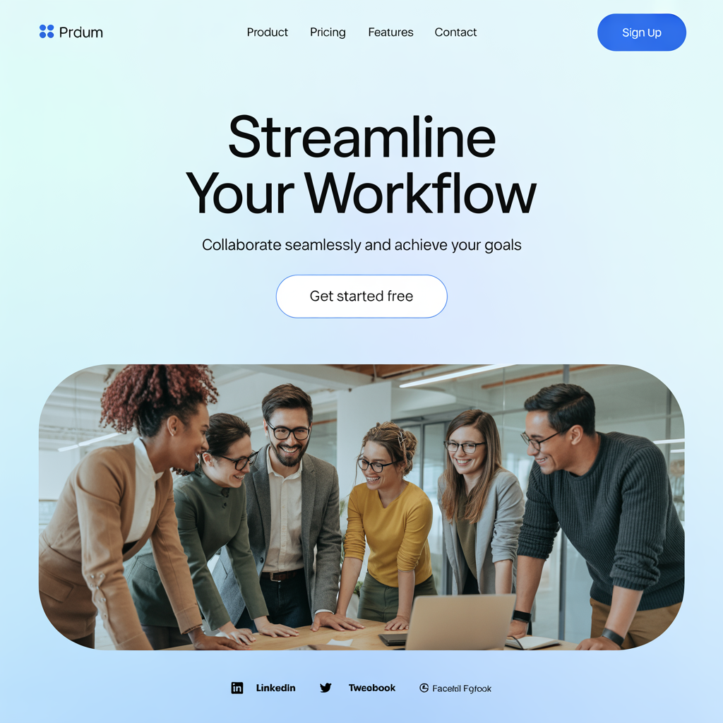 A landing page design with a hero header image at the top, a