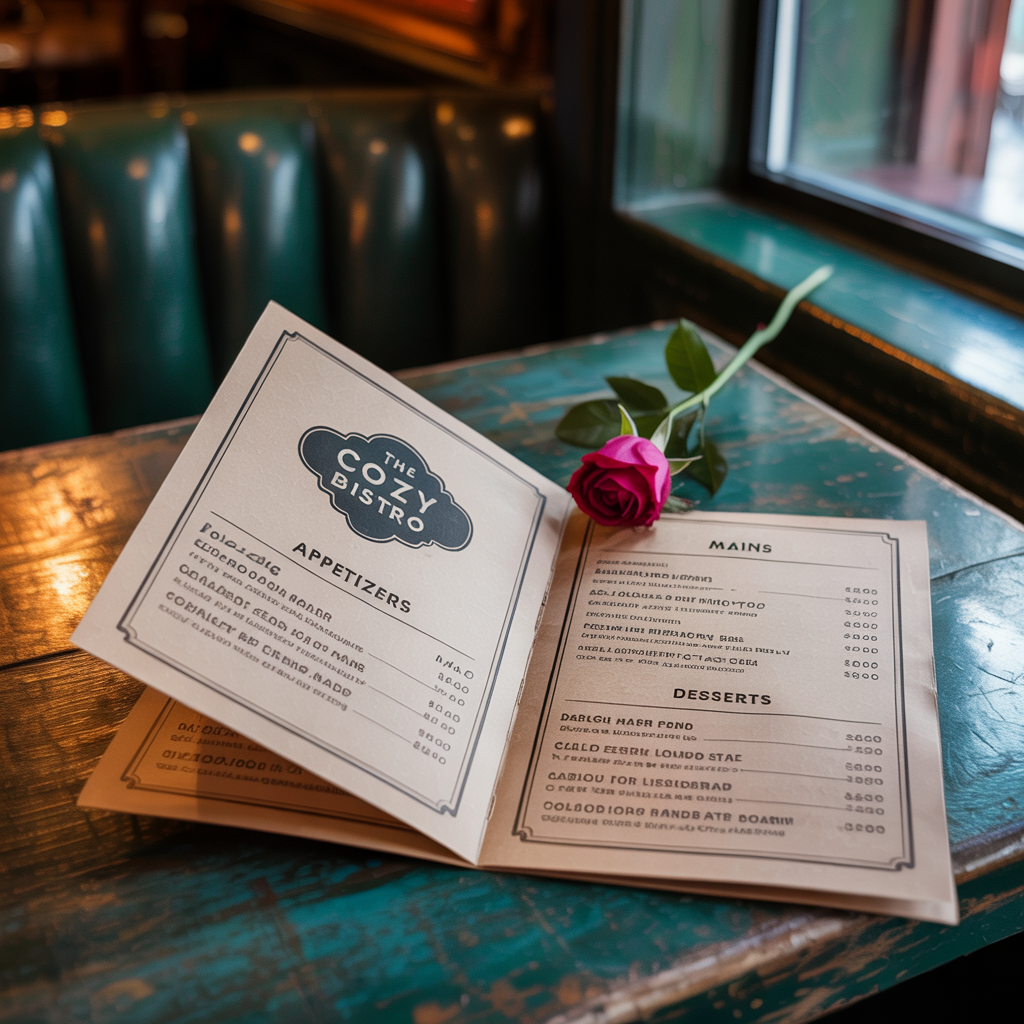 A restaurant menu layout with a logo header, three category 