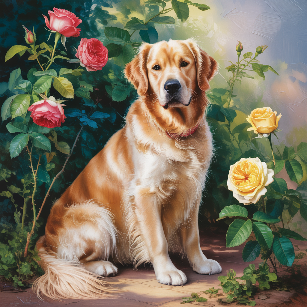 A golden retriever sitting in a garden, painted in the style