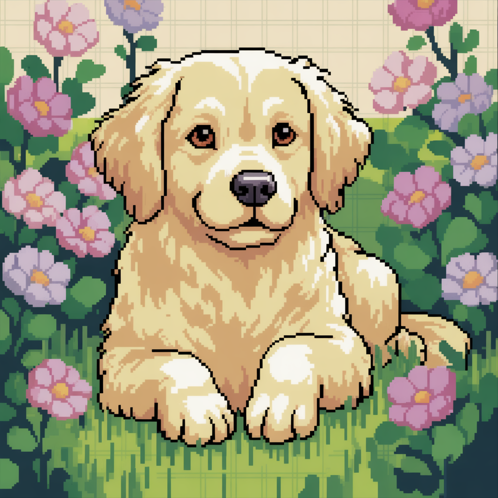 A golden retriever sitting in a garden, rendered in pixel ar