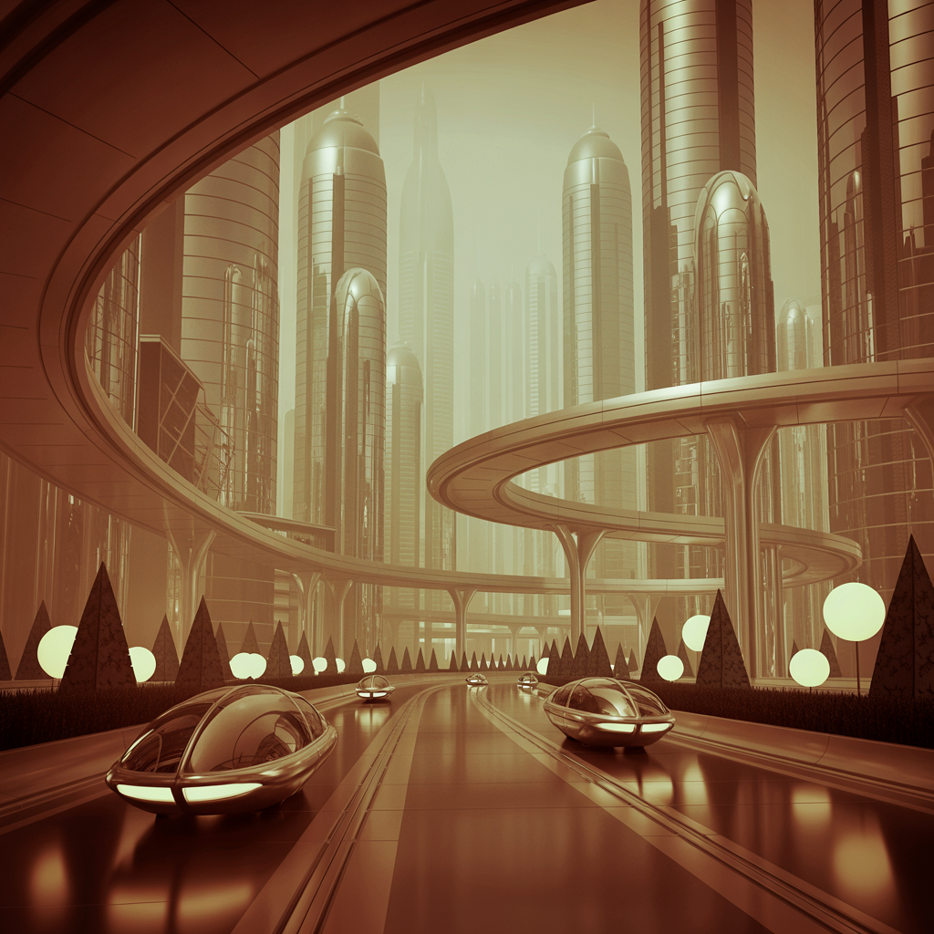 A cityscape rendered in nostalgic futurism — retro-futuristi