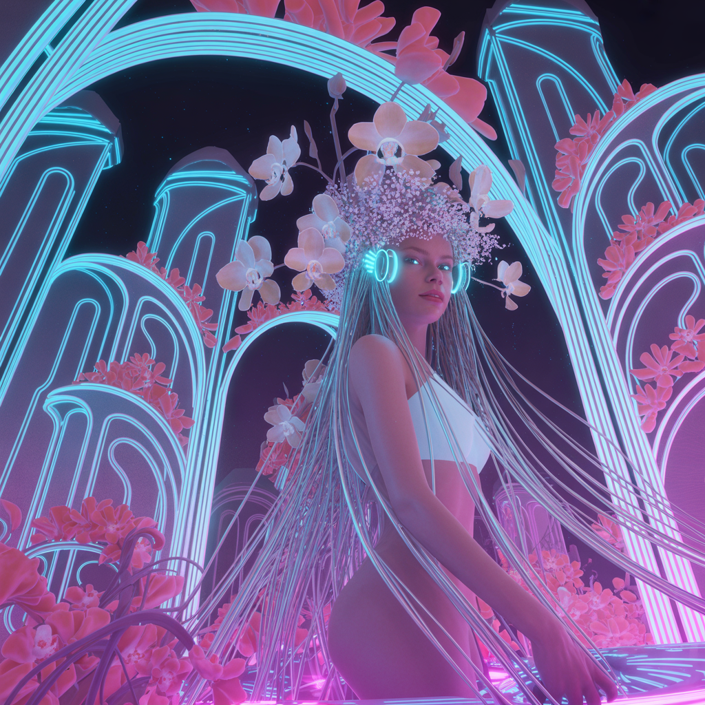 A woman in a futuristic city rendered in cyberpunk Art Nouve