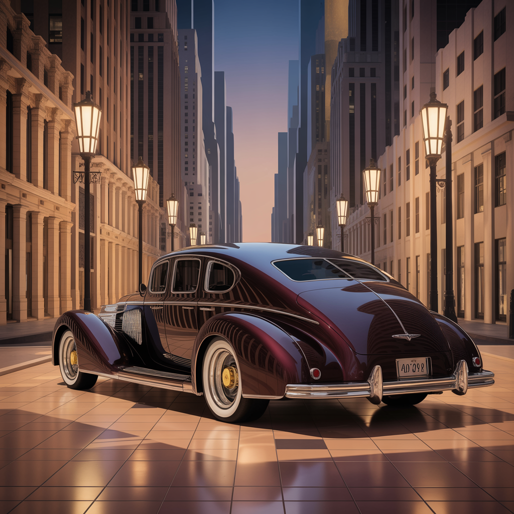 A city street scene in the style of Art Deco — geometric sha