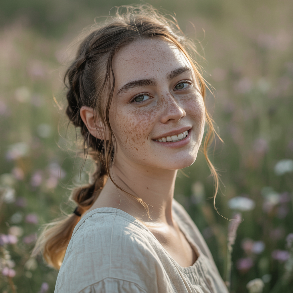 A close-up portrait of a young woman with a warm natural smi