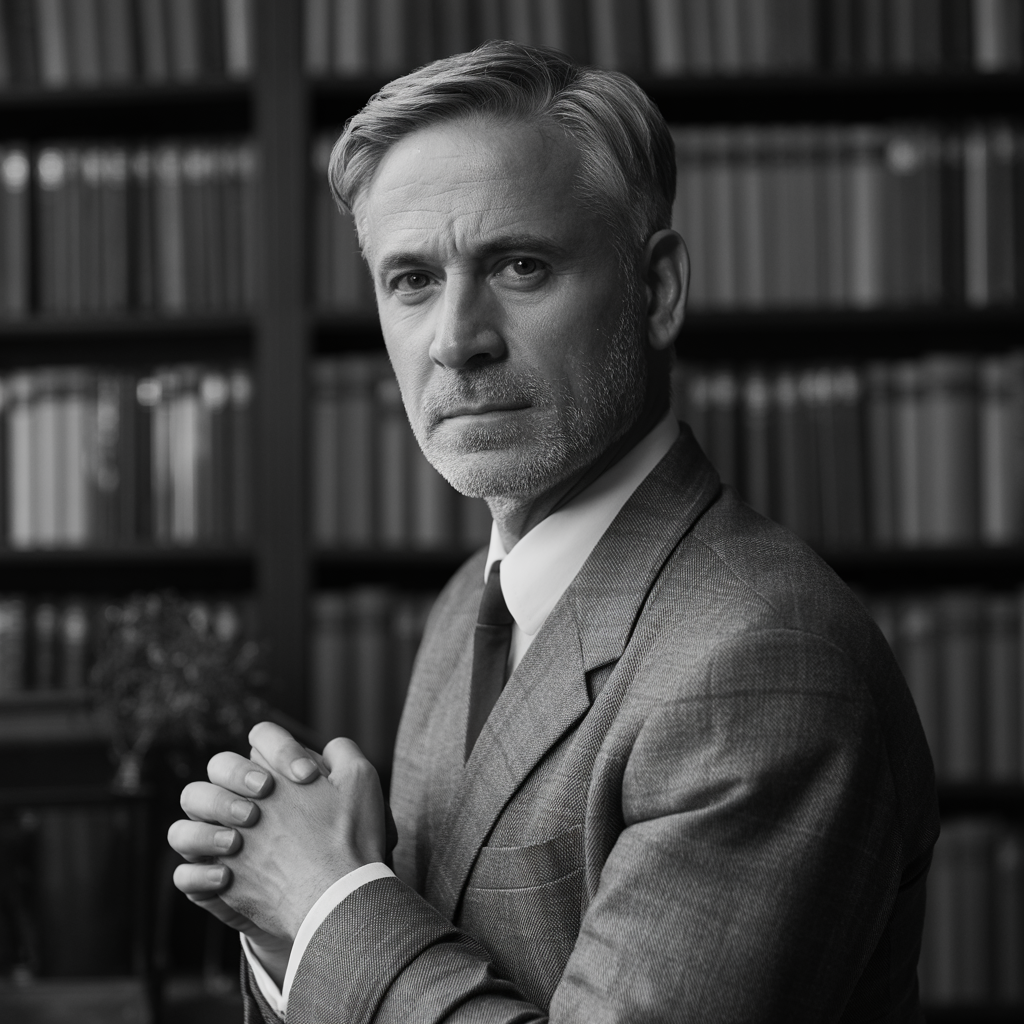 A portrait of a middle-aged man with a calm, serious express