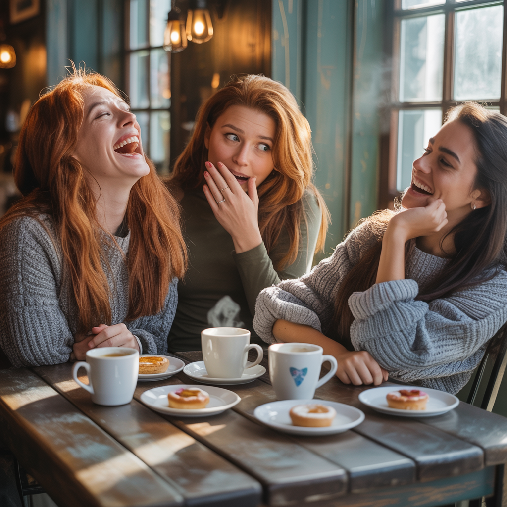A group of three friends at a table: one laughing with head 