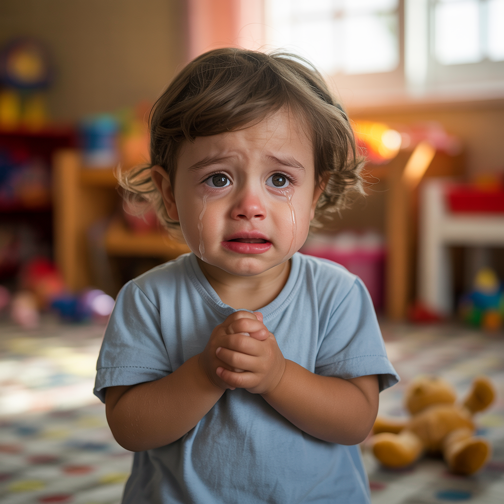 A 5-year-old child with round cheeks and large eyes, crying 