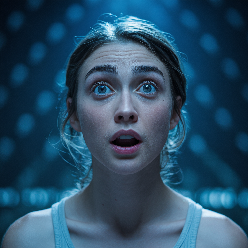 A portrait capturing genuine surprise — raised eyebrows, wid