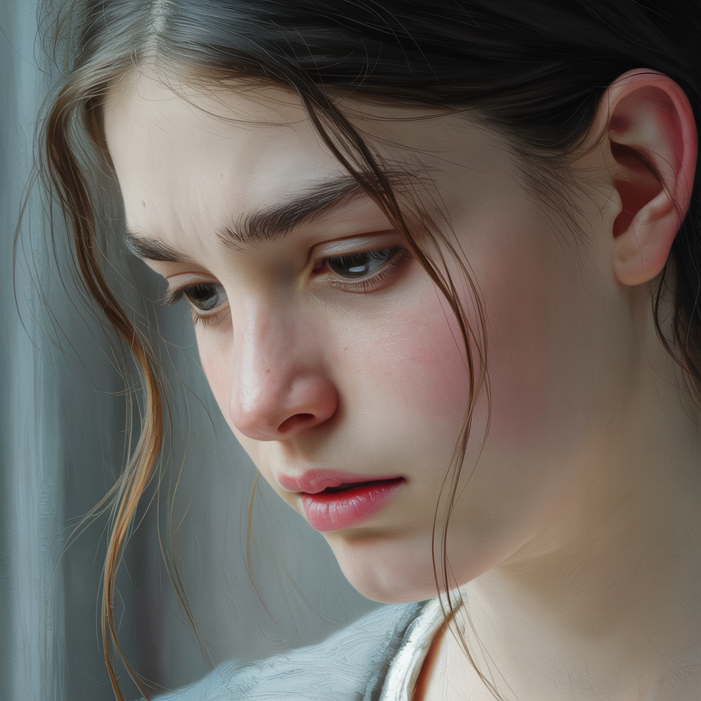 A face showing quiet melancholy — downcast eyes, slightly dr