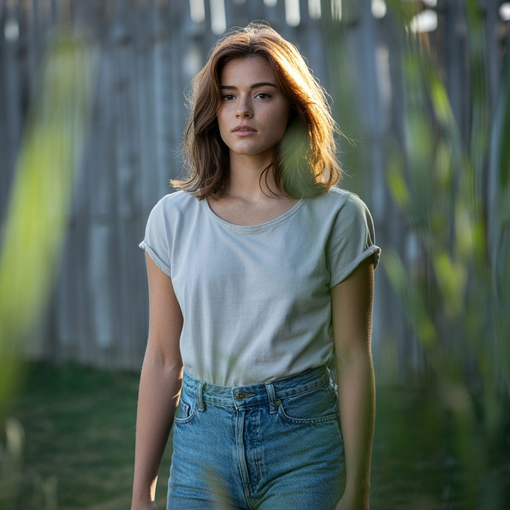 A woman standing upright in a relaxed pose, arms at her side