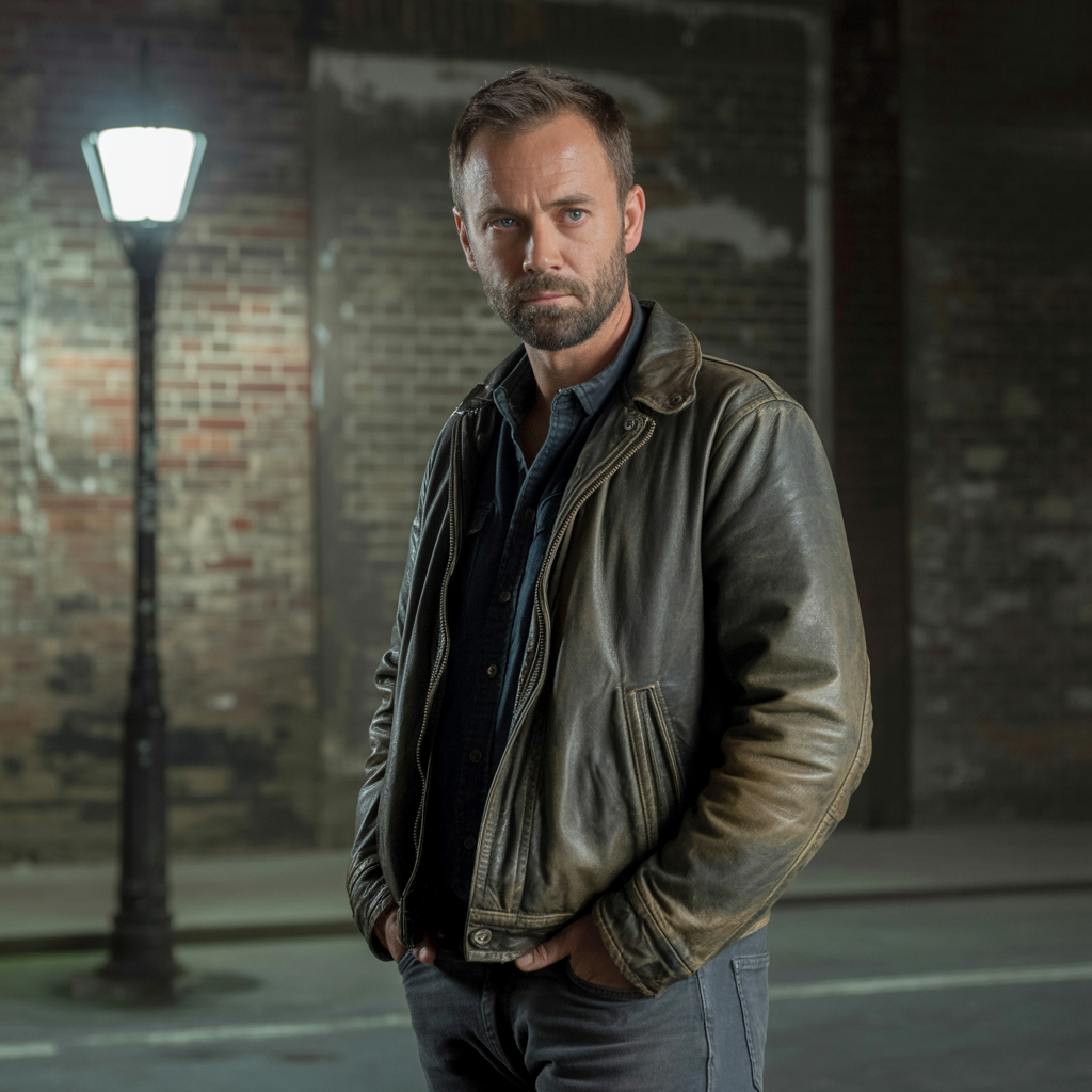 A man standing straight facing the camera, hands in pockets,